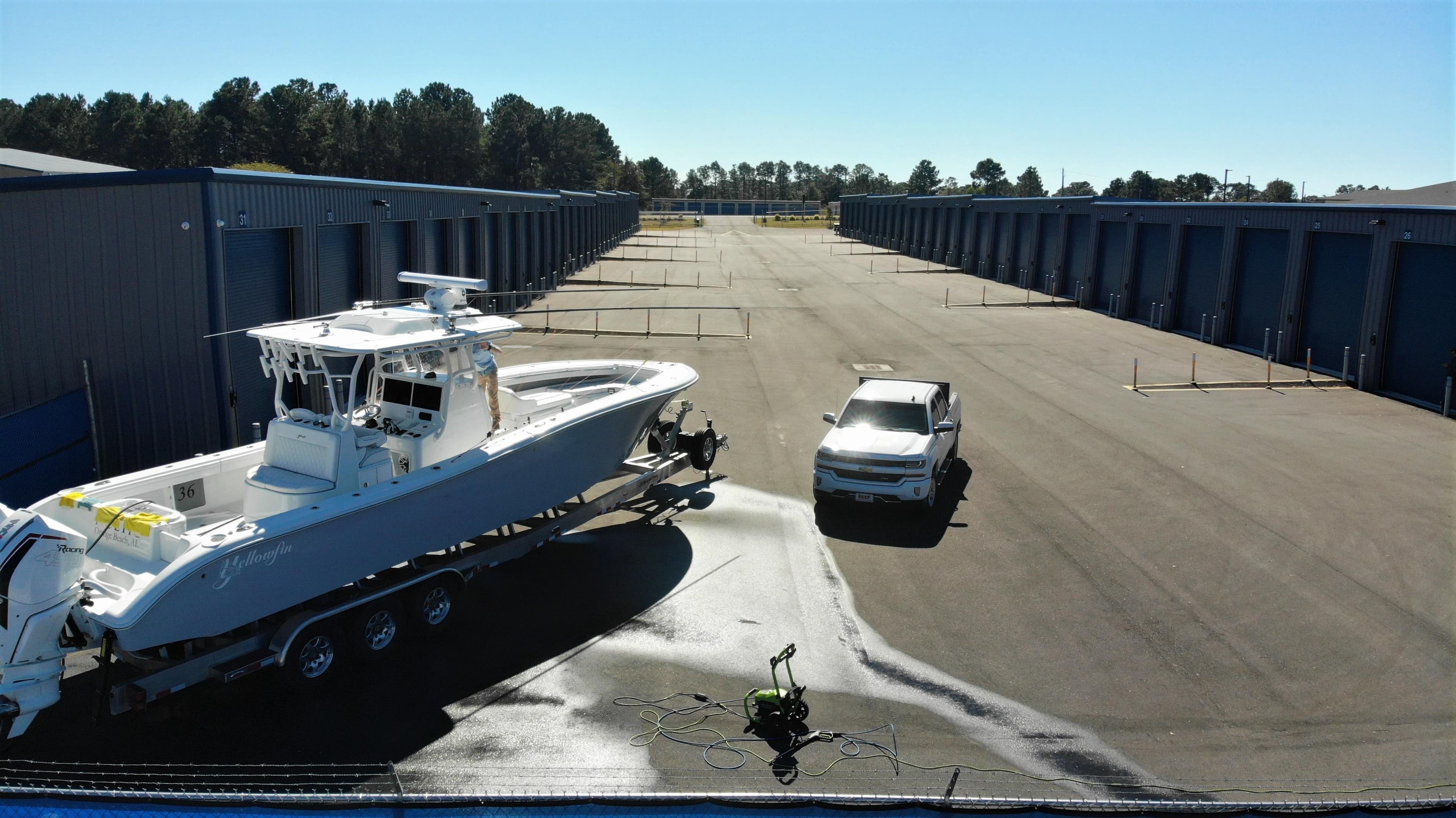 Overview of Spanish Fort Climate-Controlled Oversized Storage Facility showing wide driveway and large units